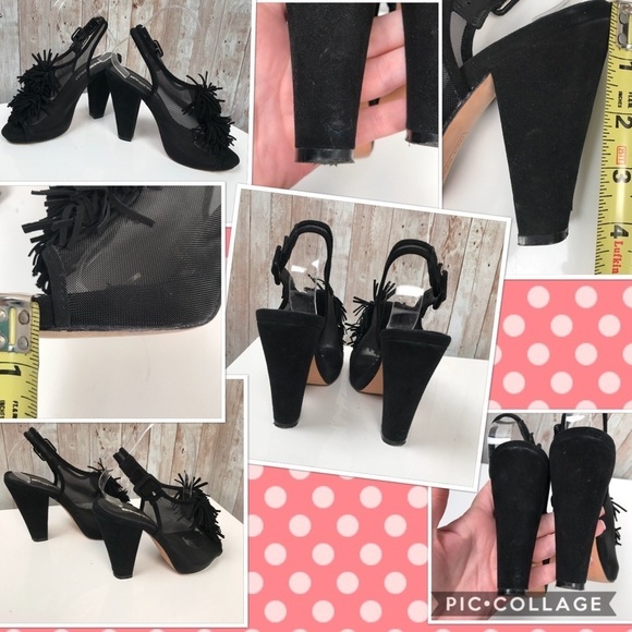 Reed Evins sz 6 black suede fringe Pom Pom heels - Picture 9 of 9